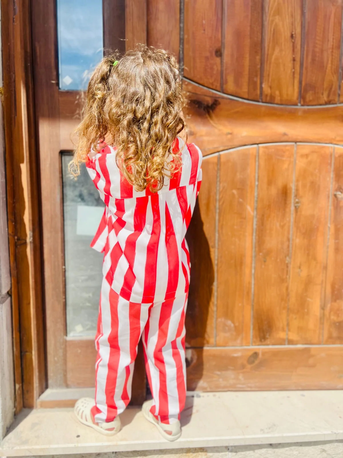 Red and white striped hooded childrenswear set