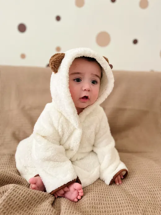 White fleece hooded babywear romper
