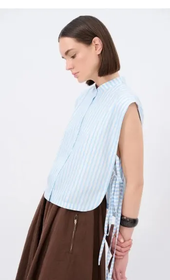 Light blue striped sleeveless womenswear blouse