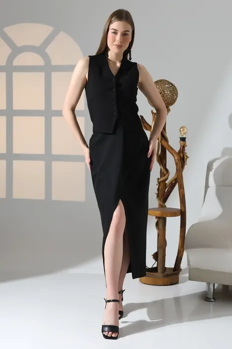 Black sleeveless slit womenswear dress
