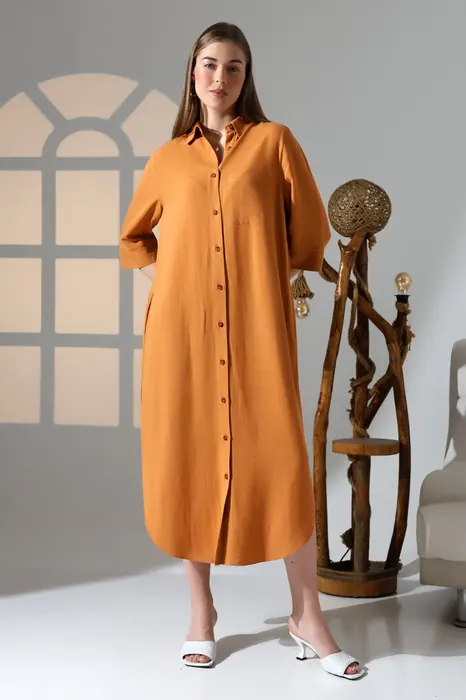 Rust button-front womenswear shirt dress