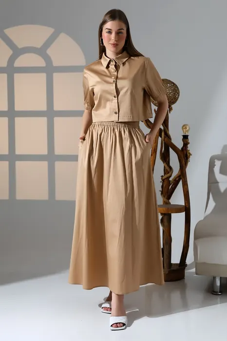 Beige belted womenswear shirt dress