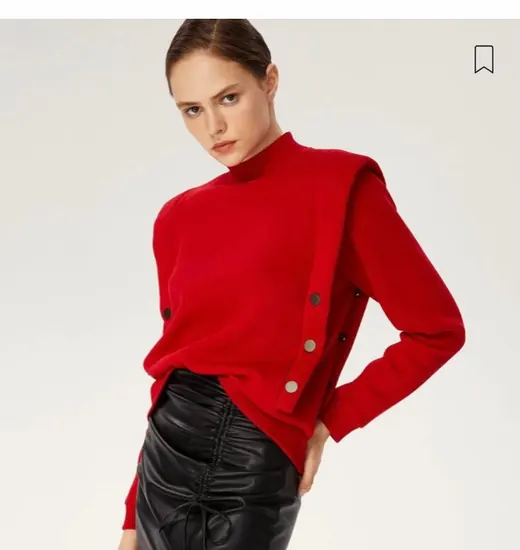 Red turtleneck womenswear top with black skirt