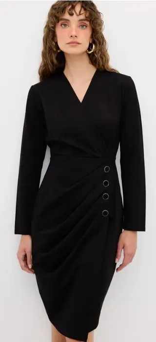 Black long-sleeve asymmetric button womenswear dress