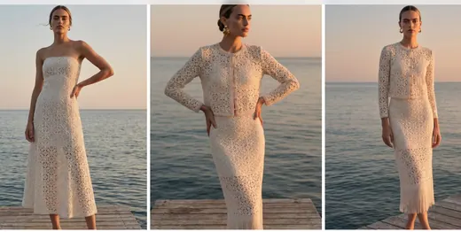Beige crochet long-sleeve womenswear dress