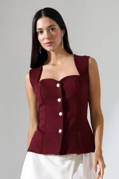 Burgundy button-front sleeveless womenswear vest